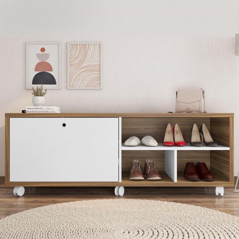 Sapateira Recamier Porta Basculante com Rodízios Estilo Marrom/Mel/Branco