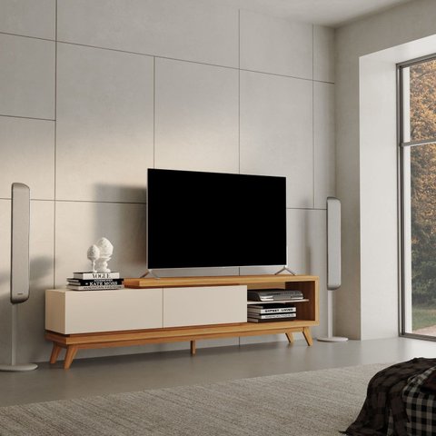 Rack para TV até 84 Polegadas 220cm Pés em Madeira Maciça 'S Nobre 2 Gavetas Marrom