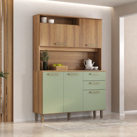 Armário Kit Cozinha Compacto 5 Portas 2 Gavetas com Nicho - Luciane 352:Avelã e Verde Mar