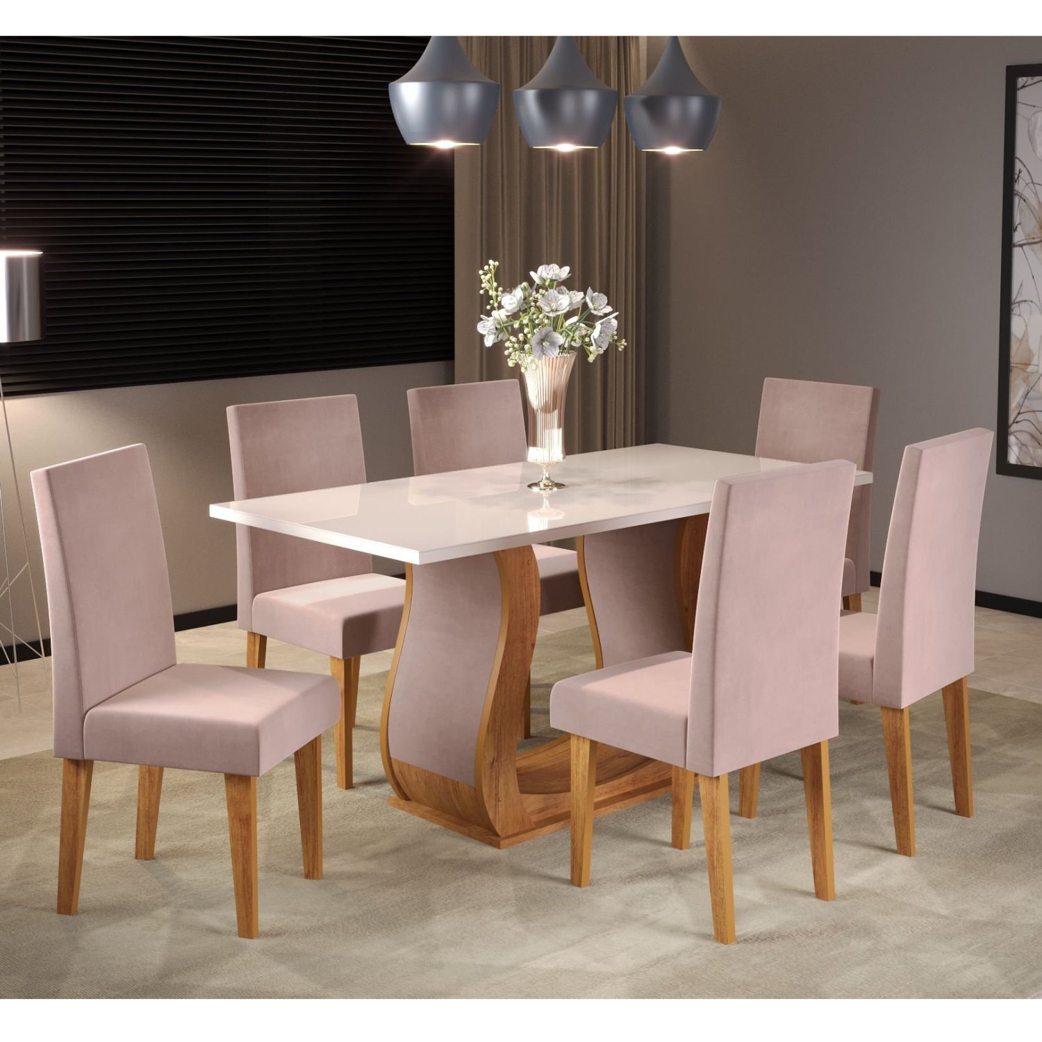 Conjunto Sala de Jantar Mesa Livia 160x80cm Tampo Vidro/mdf com 6 Cadeiras Venus - 1