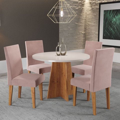 Conjunto Mesa de Jantar Redonda 90cm Spirit com 4 Cadeiras Rosa/Mel/Blonde