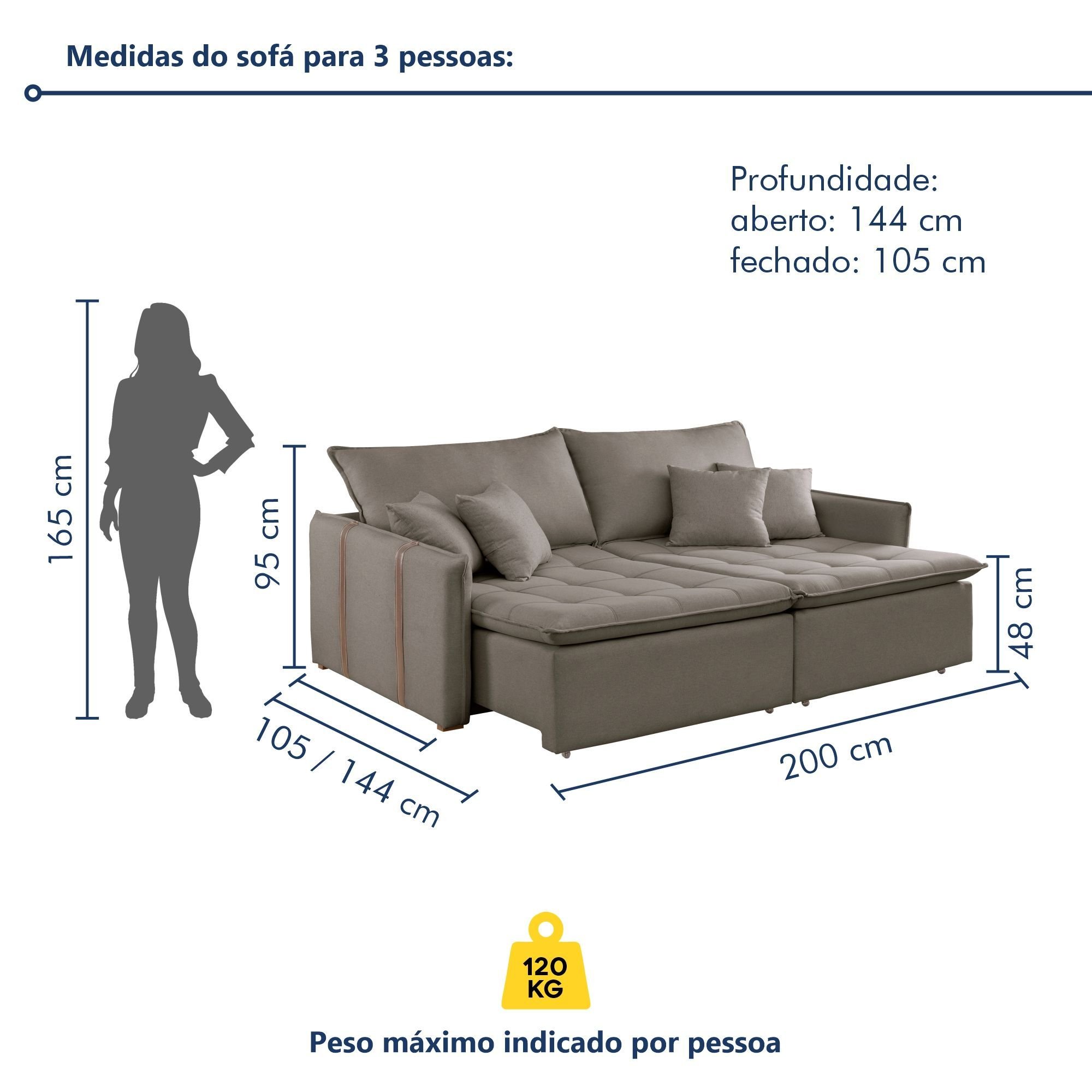 Sofá Cama Retrátil e Reclinável 3 Lugares Veludo Bege Escuro
