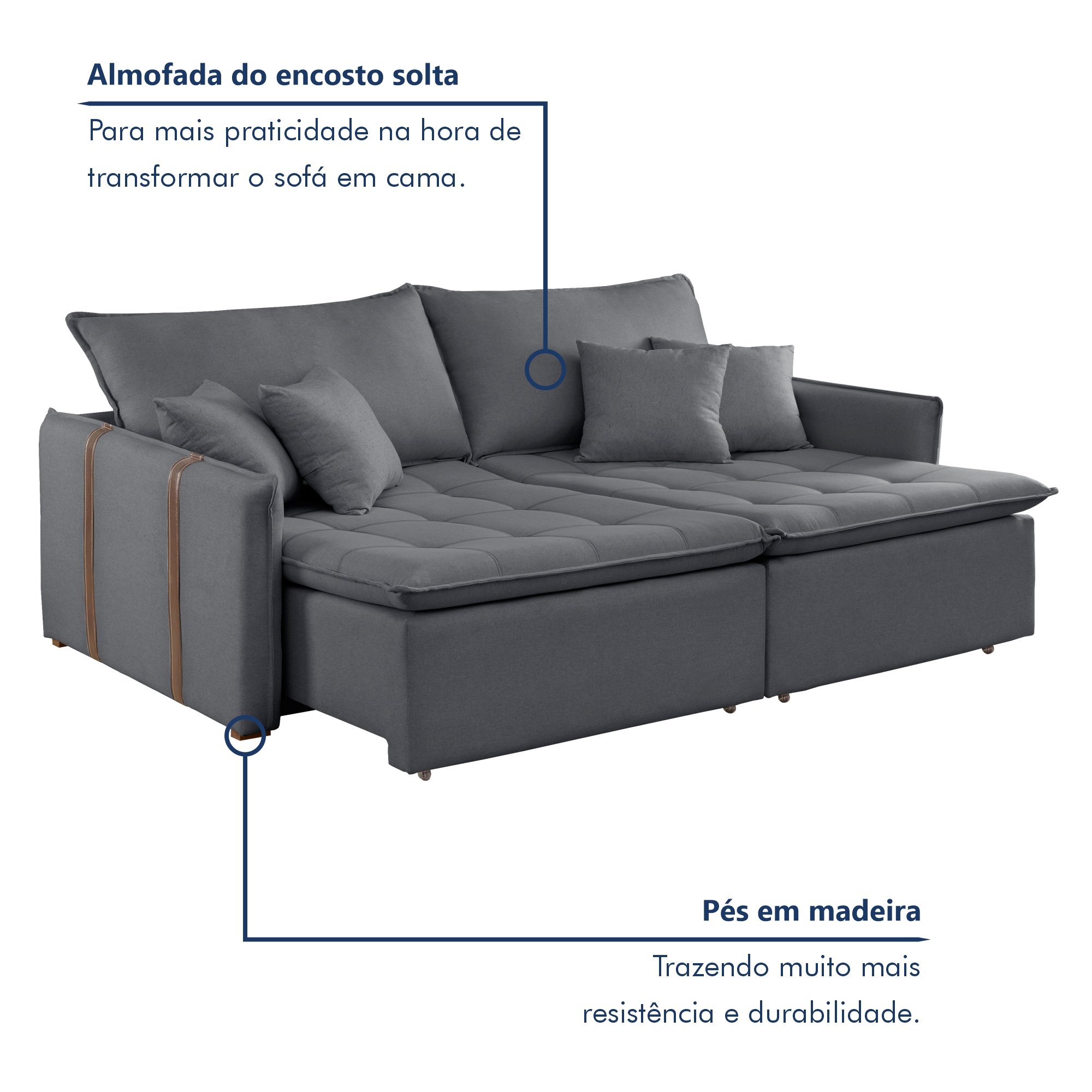 Sofá Cama em Madeira Eucalipto 200cm Detroid Yescasa Veludo  - 2