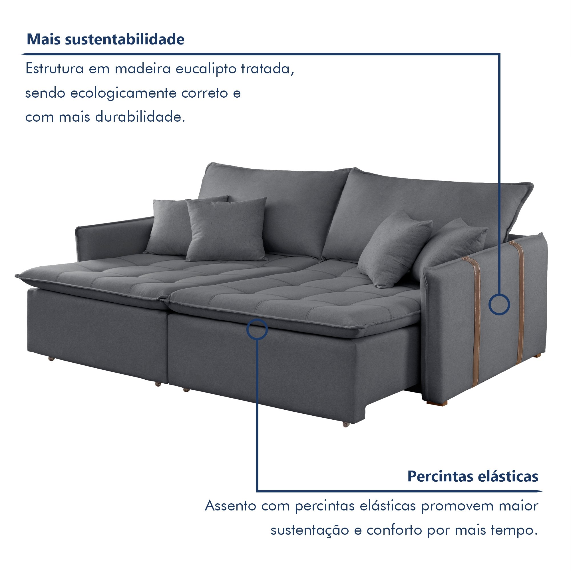 Sofá Cama em Madeira Eucalipto 200cm Detroid Yescasa Veludo  - 4