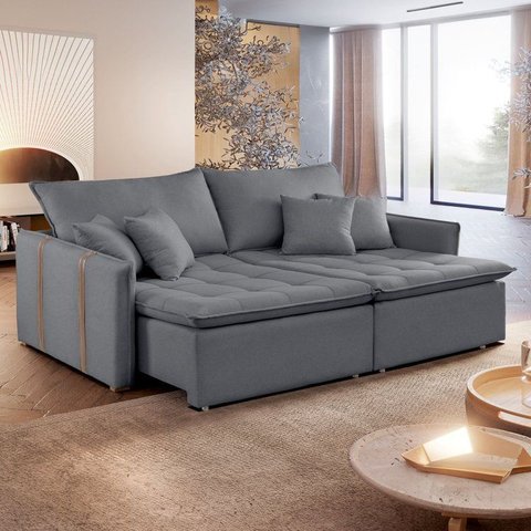 Sofá Cama Retrátil e Reclinável 3 Lugares Veludo Cinza Escuro Detroid 200cm Yescasa