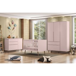 Quarto Para Bebê Completo Melinda Rosê com Roupeiro, Cômoda e Berço  - 1