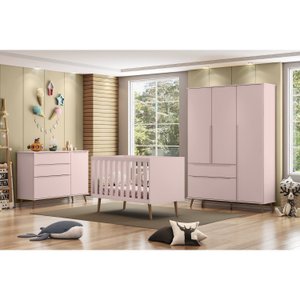 Quarto Para Bebê Completo Melinda Rosê com Roupeiro, Cômoda e Berço 