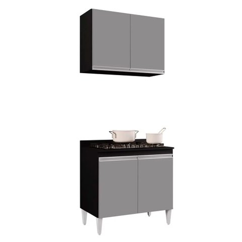 Kit Armário Aéreo e Balcão para Cooktop de Cozinha 02 Portas Diana Preto e Cinza 80 cm - D’Rossio