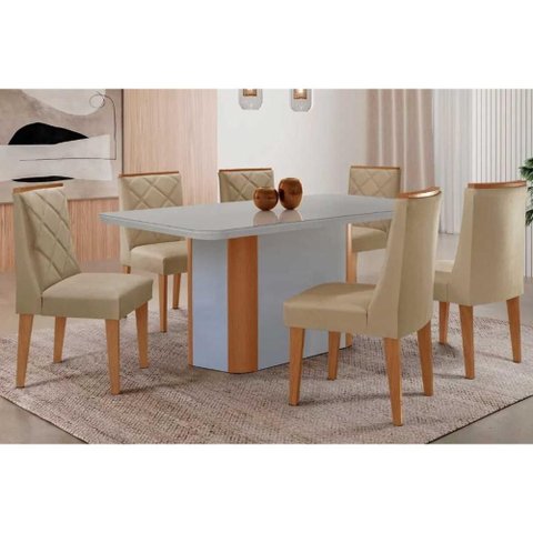 Sala Jantar Mesa Pietá Tampo C/ Vidro Curvo 180cm+6 Cadeiras Pietá Naturale/off White - Linho Bege