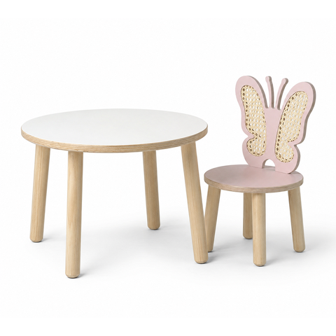 Mesa com Duas Cadeiras Modelo Borboleta em MDF e Palha Indiana