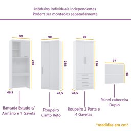 Guarda Roupa Dormitório Modulado Alpes Solteiro Canto c/ Bancada de Estudo - Roupeiro Luciane M04:Br - 5
