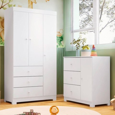 Conjunto Infantil Guarda Roupa Ceci 3 Portas Giratórias e Cômoda 3 Gavetas MDF Branco Sallar Home