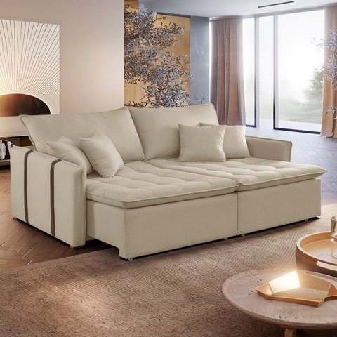 Sofá Cama Retrátil e Reclinável 3 Lugares Linho Bege Detroid 220cm Yescasa