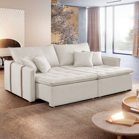 Sofá Cama Retrátil e Reclinável 3 Lugares Veludo Bege Claro Detroid 220cm Yescasa