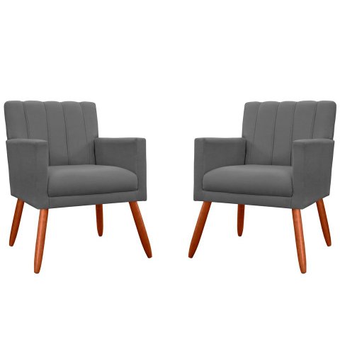 Kit 2 Poltronas Decorativa Cecília Suede Cinza Pés Madeira Mz Decor