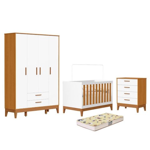 Dormitório Infantil Flip Guarda Roupa 4 Portas, Cômoda 4 Gavetas e Berço Branco Fosco/savana com