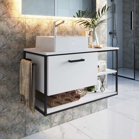 Gabinete Suspenso para Banheiro 80cm P1007 sem Cuba Branco/Preto