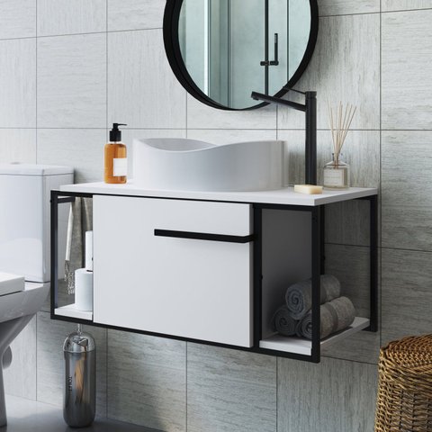 Gabinete Suspenso para Banheiro 80cm Paricel 1 Porta Branco/Preto