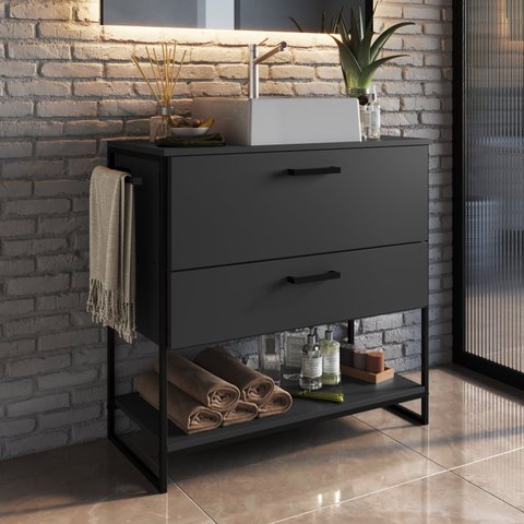 Gabinete para Banheiro 80cm 1 Porta e 1 Gaveta Paricel Preto/Grafite