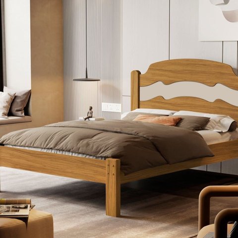 Cama de Casal 100% MDF 144cm x 195cm x 107cm Bege/Nature/Off White