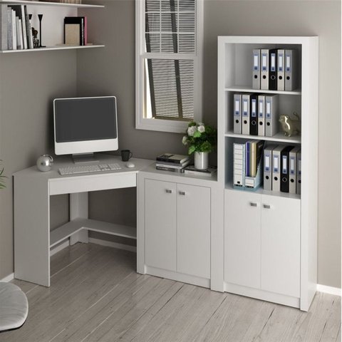 Escrivaninha de Canto com 1 Gaveta, Armário Baixo e Armário Alto