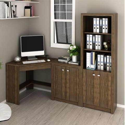 Conjunto Escrivaninha de Canto com 1 Gaveta, Armário Baixo e Alto Nogal