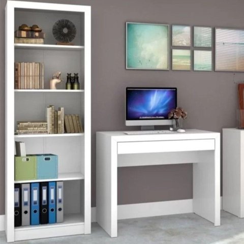 Conjunto Escrivaninha 1 Gaveta 90cm com Estante Branco