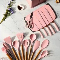 Kit Utensílios de Cozinha Jogo Completo 19 Peças Faqueiro Jogo Silicone Cor:rosa - 4