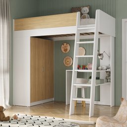 Cama Alta Infantil com Guarda-Roupa Mezzo Branco/Olmo Italiano - 1 Cama Alta Infantil com Guarda-Roupa Mezzo Branco/Olmo Italiano - 1