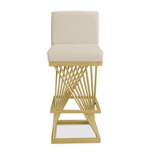 Banqueta Alta Área Gourmet Cozinha Restaurante Bar Base de Metal Dourado Suede Off White Eli Móveis