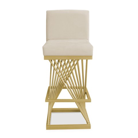 Banqueta Alta Área Gourmet Cozinha Restaurante Bar Base de Metal Dourado Suede Off White Eli Móveis