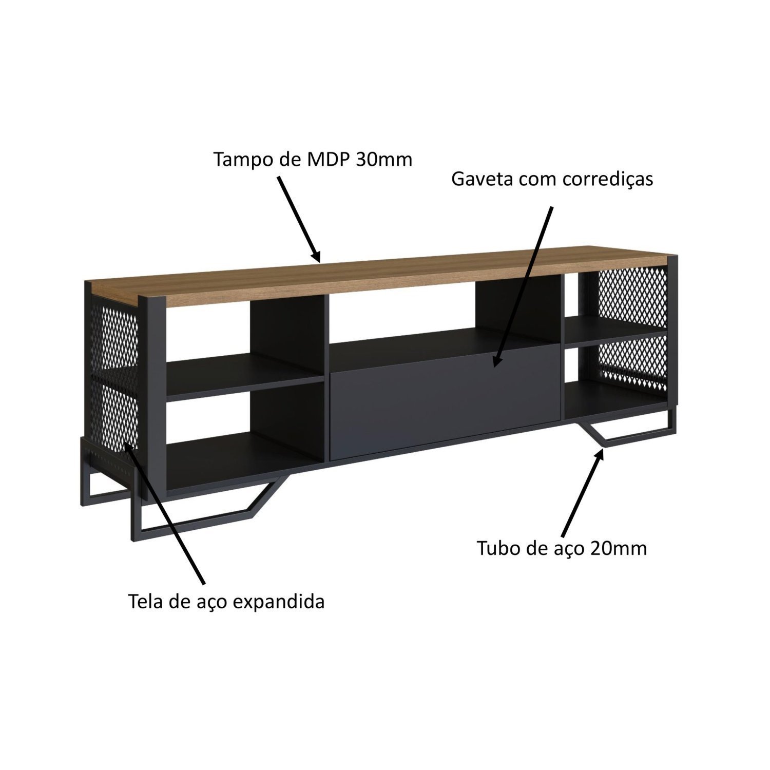 Rack Para TV ate 60 Polegadas Estilo Industrial 180cm em MDP com 1 Gaveta e Laterais Teladas P1017 - 4