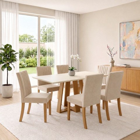 Conjunto Sala de Jantar Mesa Lisa 160cm com Tampo MDF Canto Reto 6 Cadeiras Lily