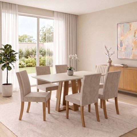 Conjunto Sala de Jantar Mesa Lisa 160cm com Tampo MDF Canto Reto 6 Cadeiras Lily