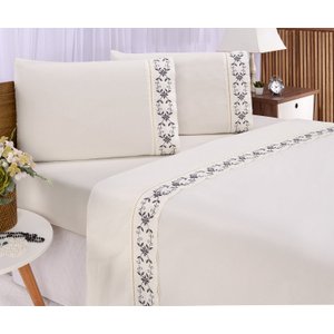 Jogo lençol Veneza quarto casal Queen bordado 4 peças 2fronha:Palha com Grafite