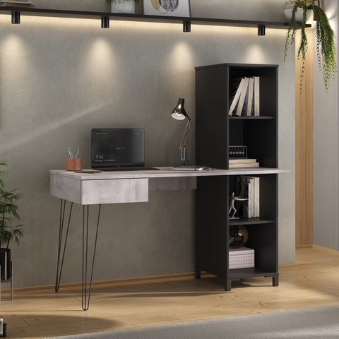 Escrivaninha Mesa Escritório com Estante e com 1 Gaveta 4 Nichos 137,8cm Industrial Tampo Concreto Fusion Concreto e Preto Artany