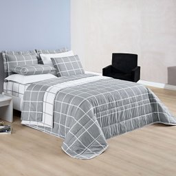 Cobre Leito Colcha Casal 3 Peças Micropercal 200 Fios Matelado Dupla Face - Cinza e Branco - 1