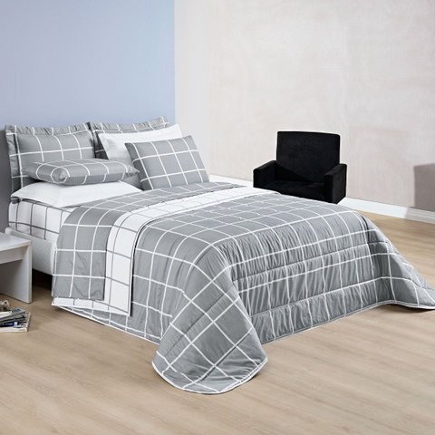 Cobre Leito Colcha Casal 3 Peças Micropercal 200 Fios Matelado Dupla Face - Cinza e Branco