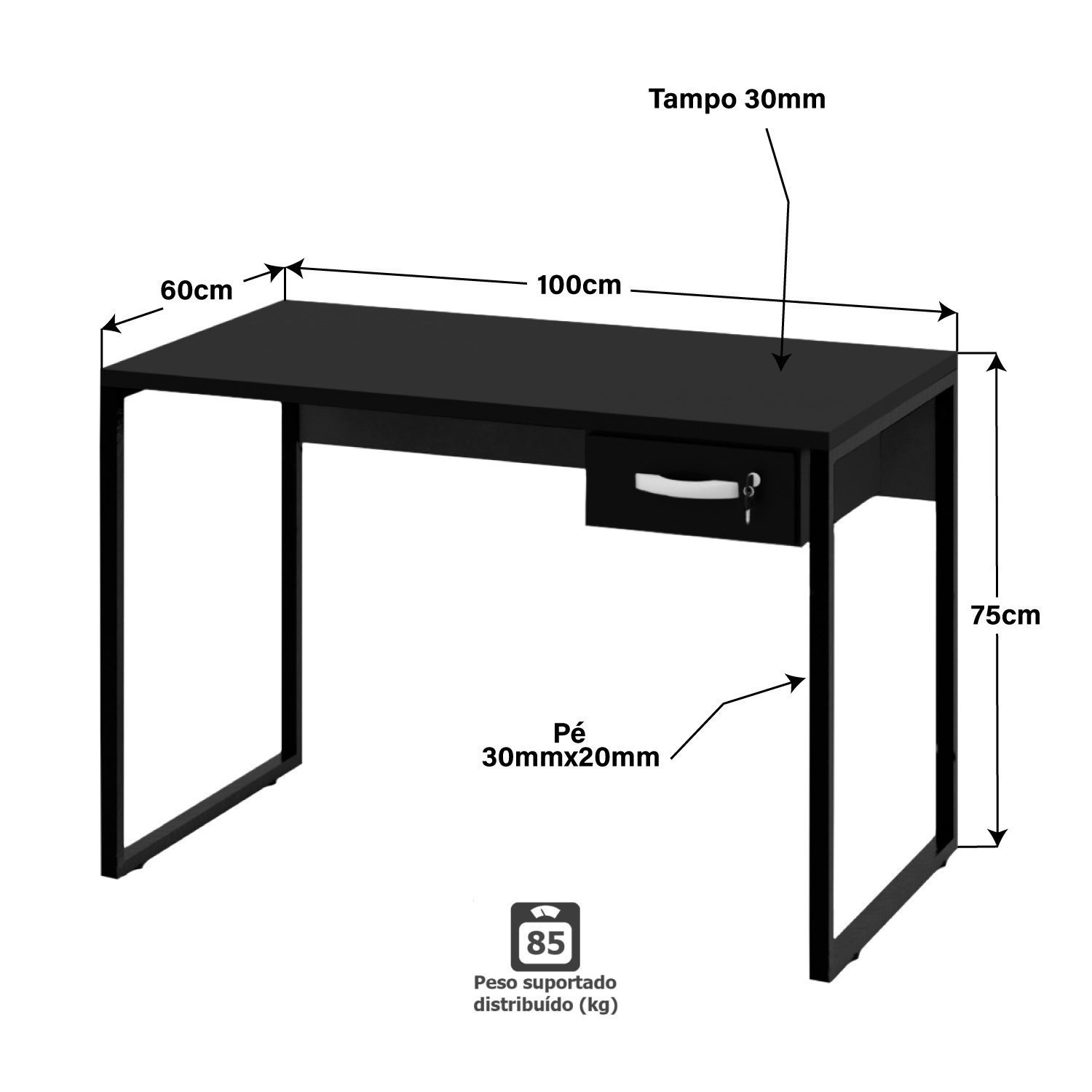 Mesa De Escritório Escrivaninha Industrial 1 Gaveta 100cm - 4