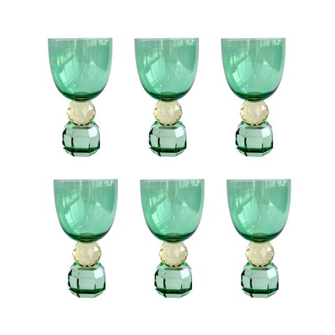 Conjunto 6 Taças em Vidro Verde Base Diamantada Amarelo e Verde 360ml BJ0069 Btc