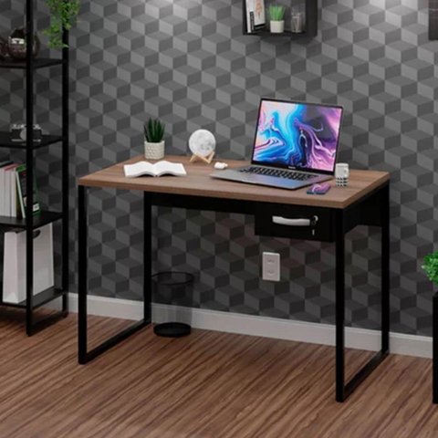 Mesa de Escritório Escrivaninha 1 Gaveta 100cm Industrial Nogal Marrom