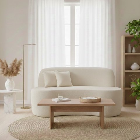 Sofá Minimalista Orgânico 2 Lugares Sala Bouclé:bouclé Off White