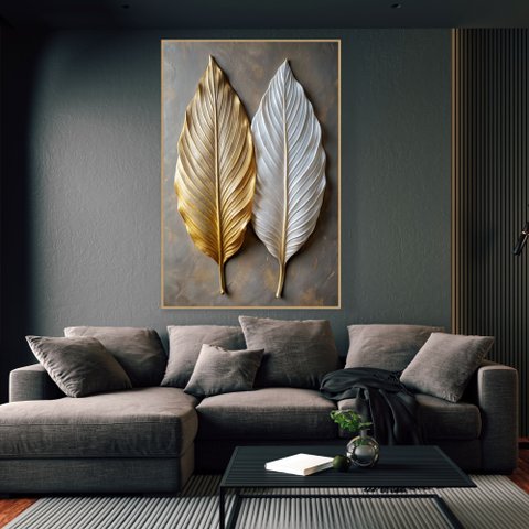 Quadro Decorativo Folhas Abstratas 3d Dourado Branco Sala Quarto Casa Escritório