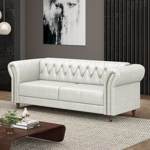 Sofá Living Sala de Estar Stanford Chesterfield 2 Lugares 200cm Pés de Madeira Couro Branco Manchado