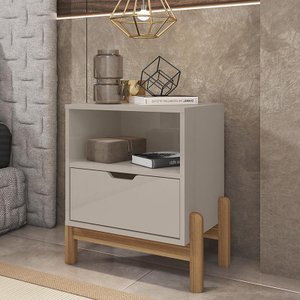 Mesa de Cabeceira Quarto Antares 1 Gaveta Pés Madeira Maciça Off White