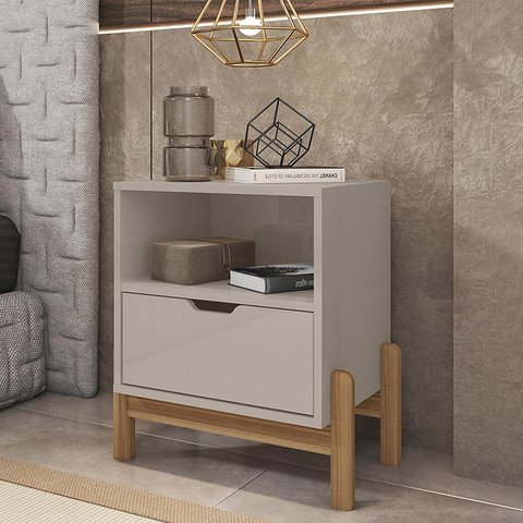 Mesa de Cabeceira Quarto Antares 1 Gaveta Pés Madeira Maciça Off White