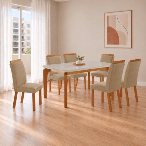 Conjunto de Mesa de Jantar Dublin 180 Tp MDF Vidro Canto Copo 6 Cadeiras Mariana