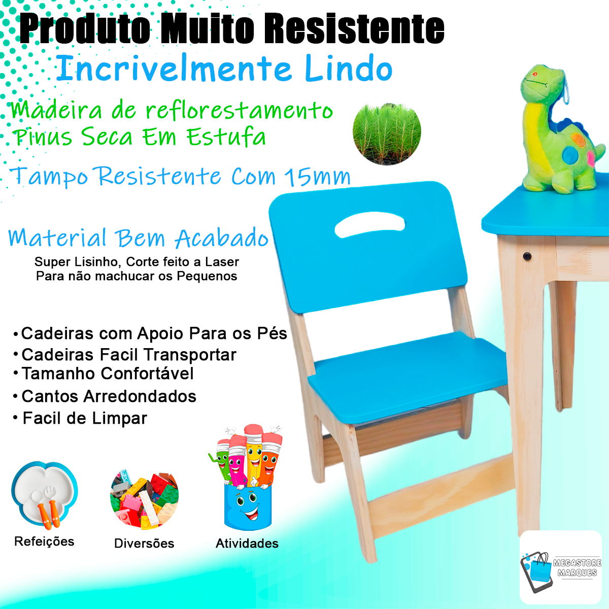 Mesa com Cadeira Infantil de Madeira Resitente Azul Suporta 90kg - 3