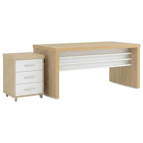 Mesa Escritorio 136x60 cm e Gaveteiro 3 Gavetas 61x44 cm Carvalho Branco Artany