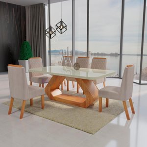 Sala de Jantar 180x90 Lottus Mdf/vidro 6 Cadeiras Bom Pastor Nat/off/bege